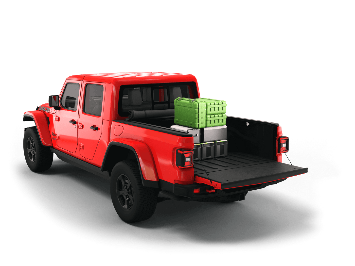 Red Jeep Gladiator with gear in the truck bed and the Sawtooth Stretch tonneau cover rolled up at cab 
